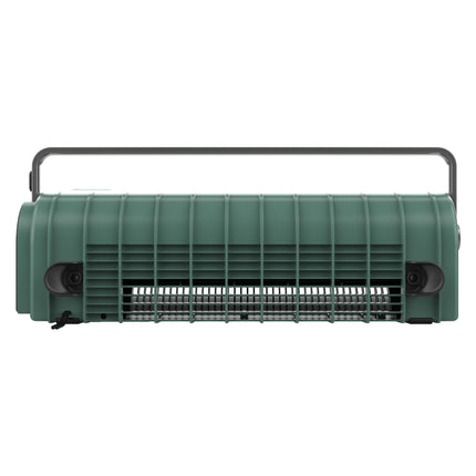 Green air circulator with a gray handle on a white background