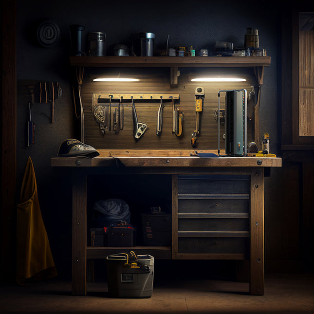 Dark workshop with wooden workbench, tools, and lighting fixtures.