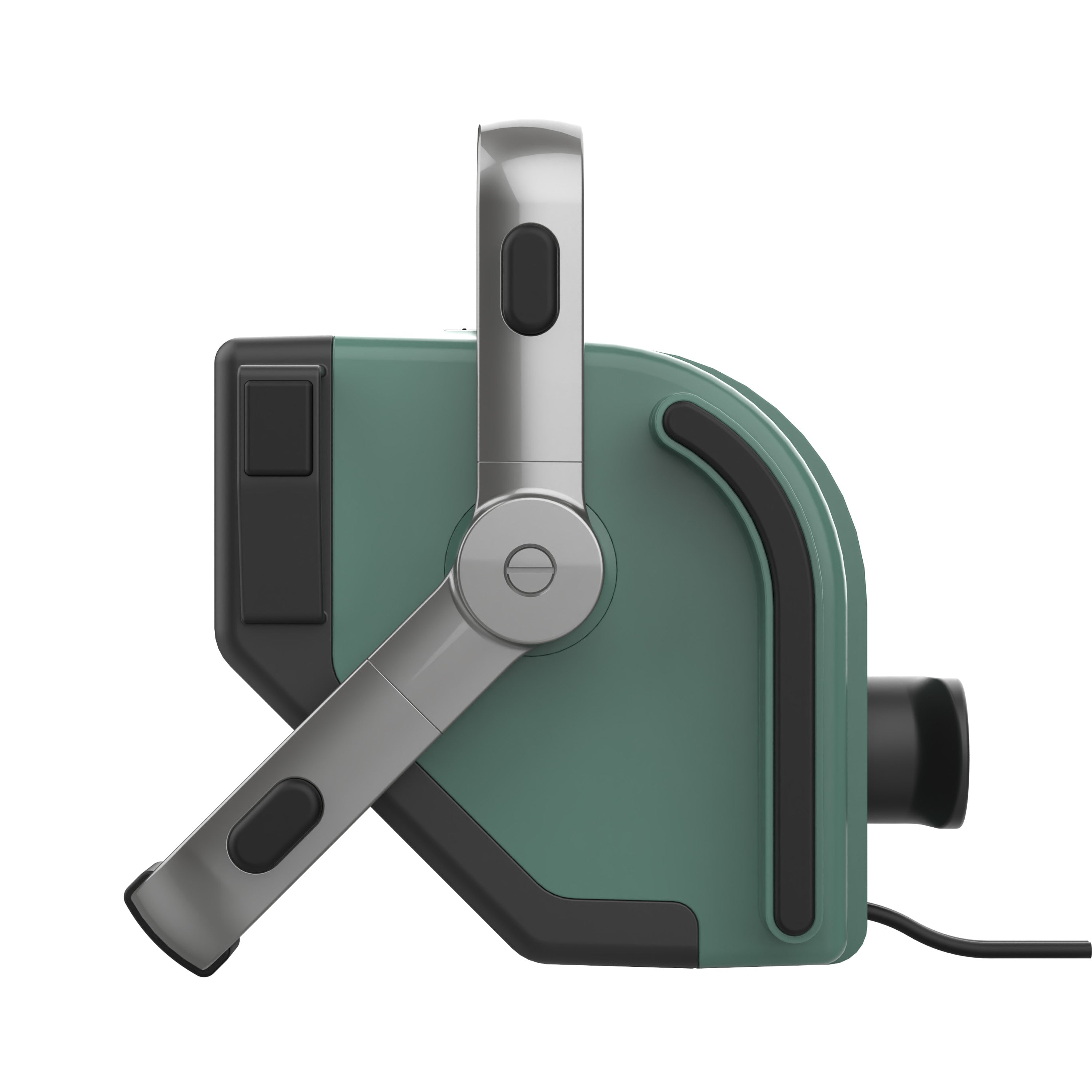 Green and gray electronic device with a cord on a white background