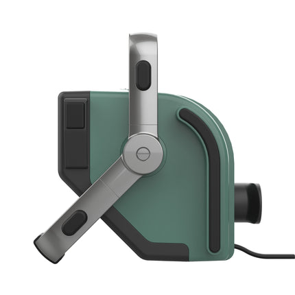 Green and gray electronic device with a cord on a white background