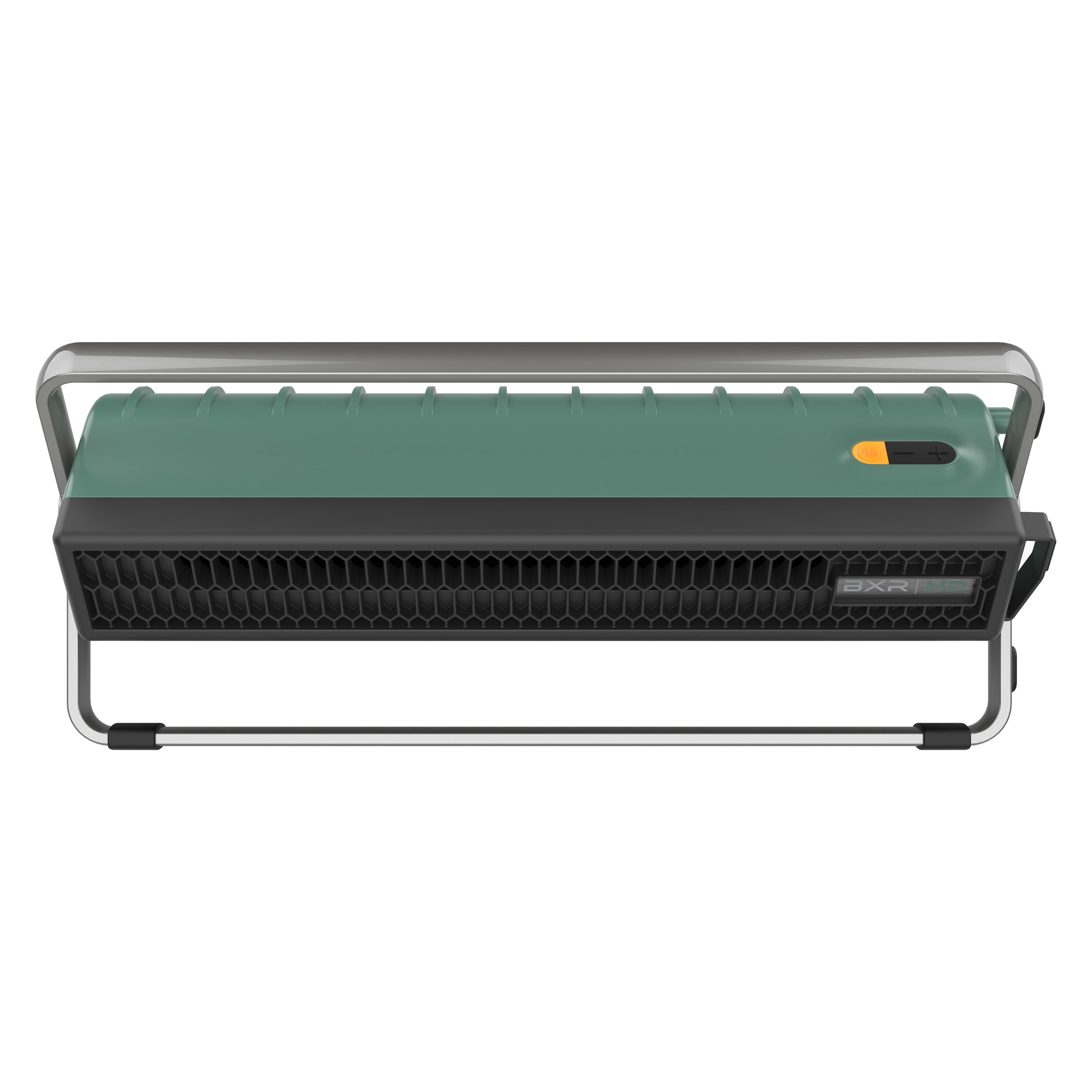 Green and silver air circulator on a white background