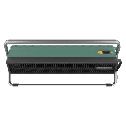 Green and silver air circulator on a white background