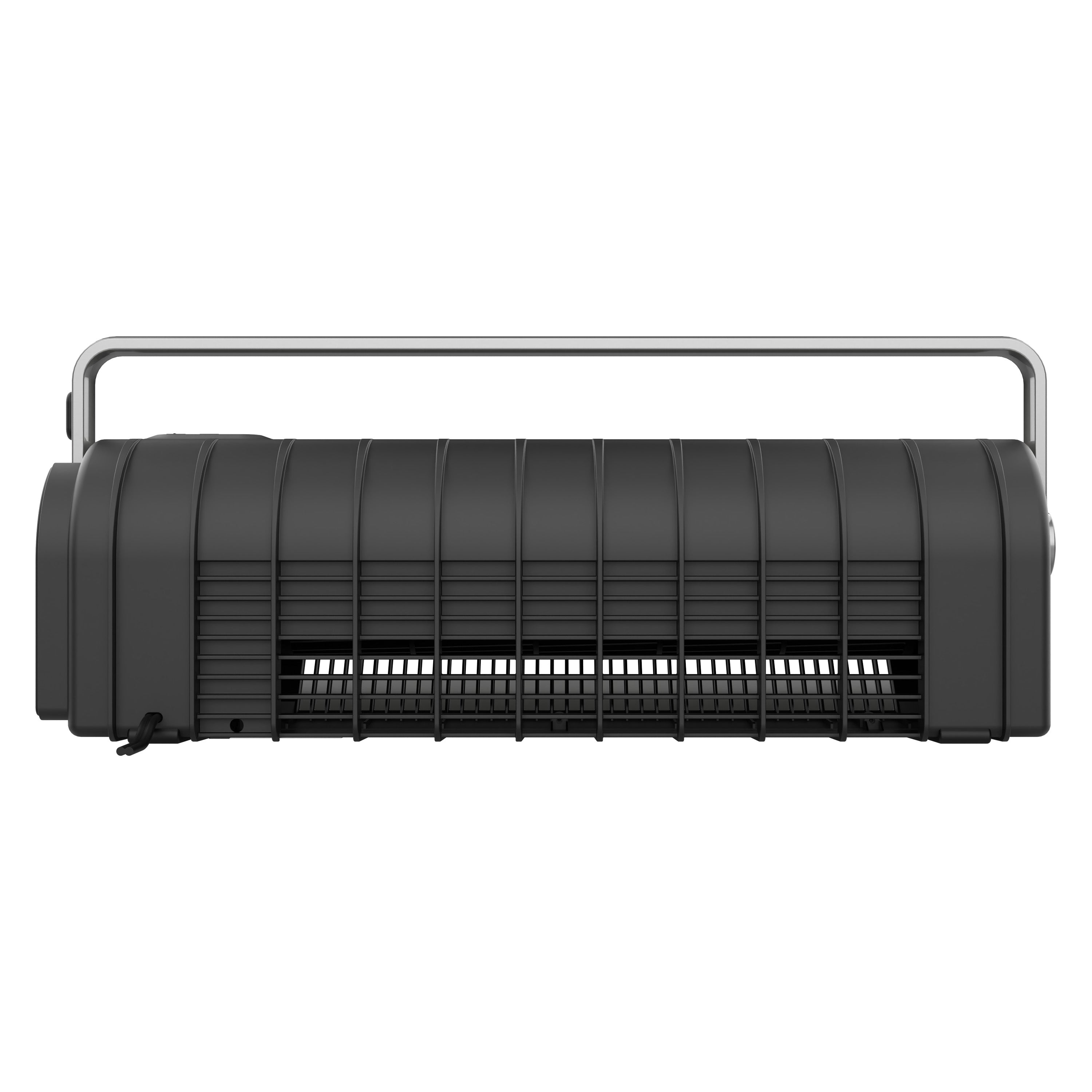 Back of black air circulator with gray stand on white background.