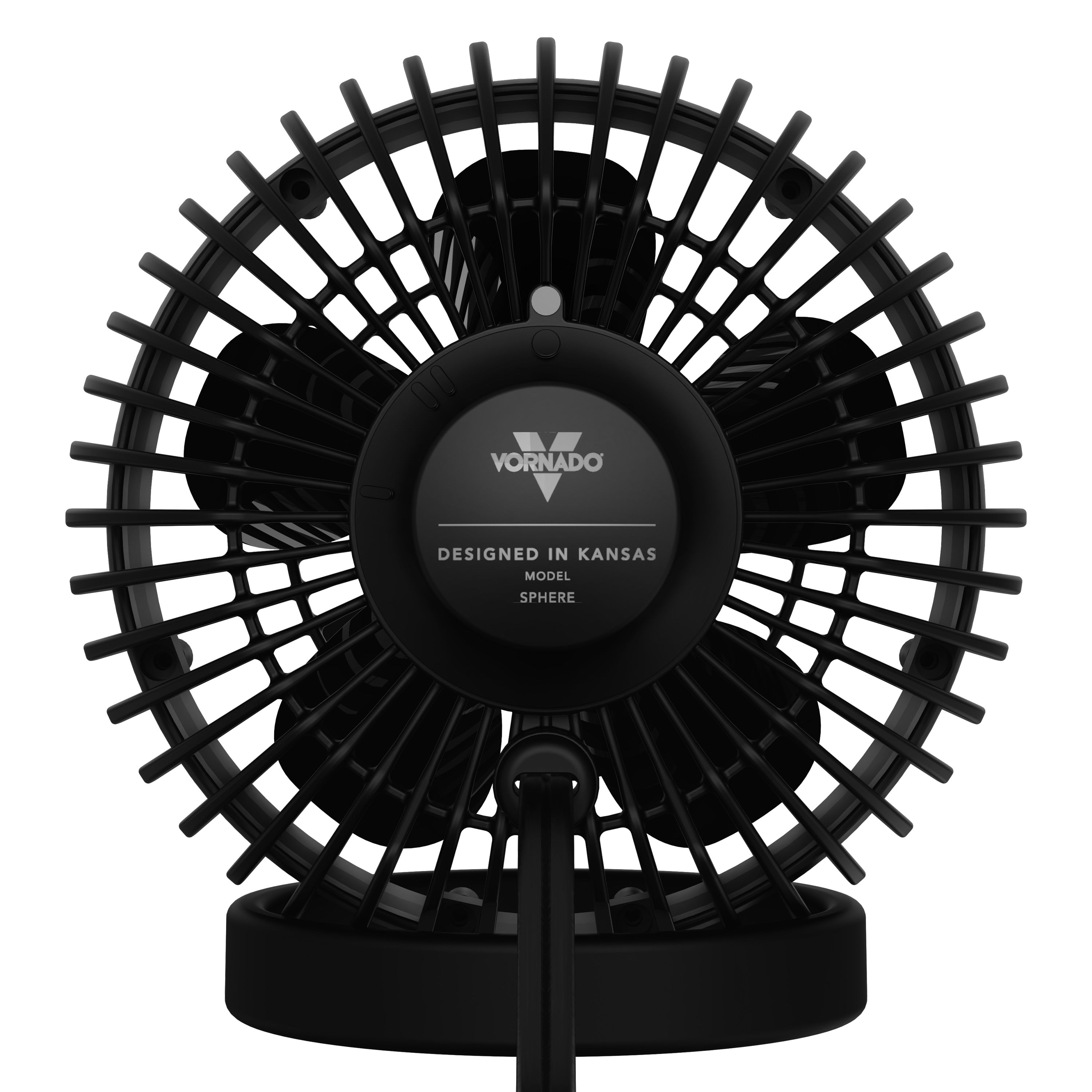 Black Vornado fan on a white background