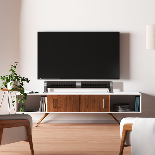 Modern living room with a flat-screen TV on a wooden stand.
