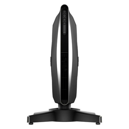 Black and gray oscillating tower fan on a white background