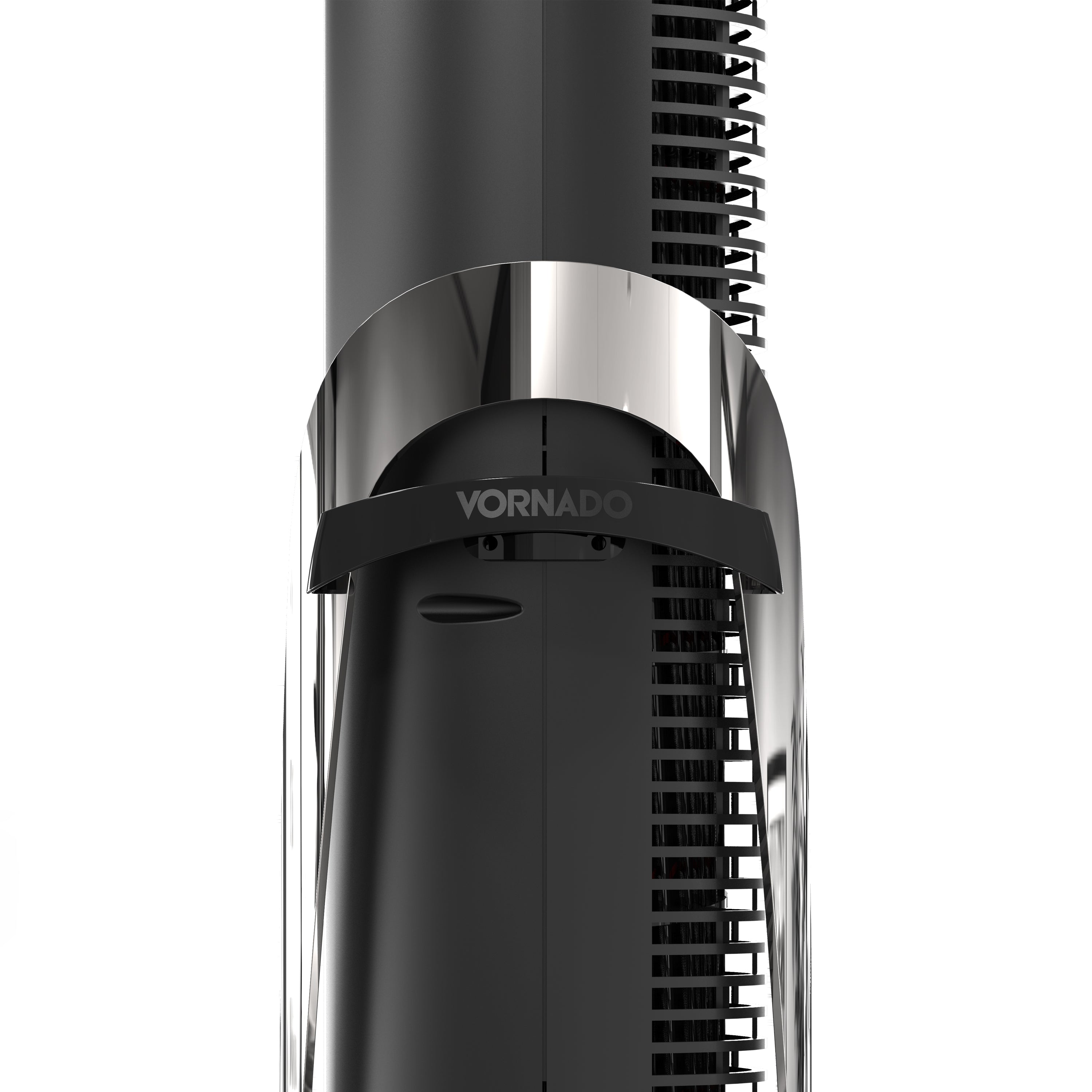 Black Vornado tower fan with visible branding on a white background