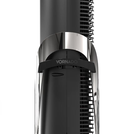 Black Vornado tower fan with visible branding on a white background