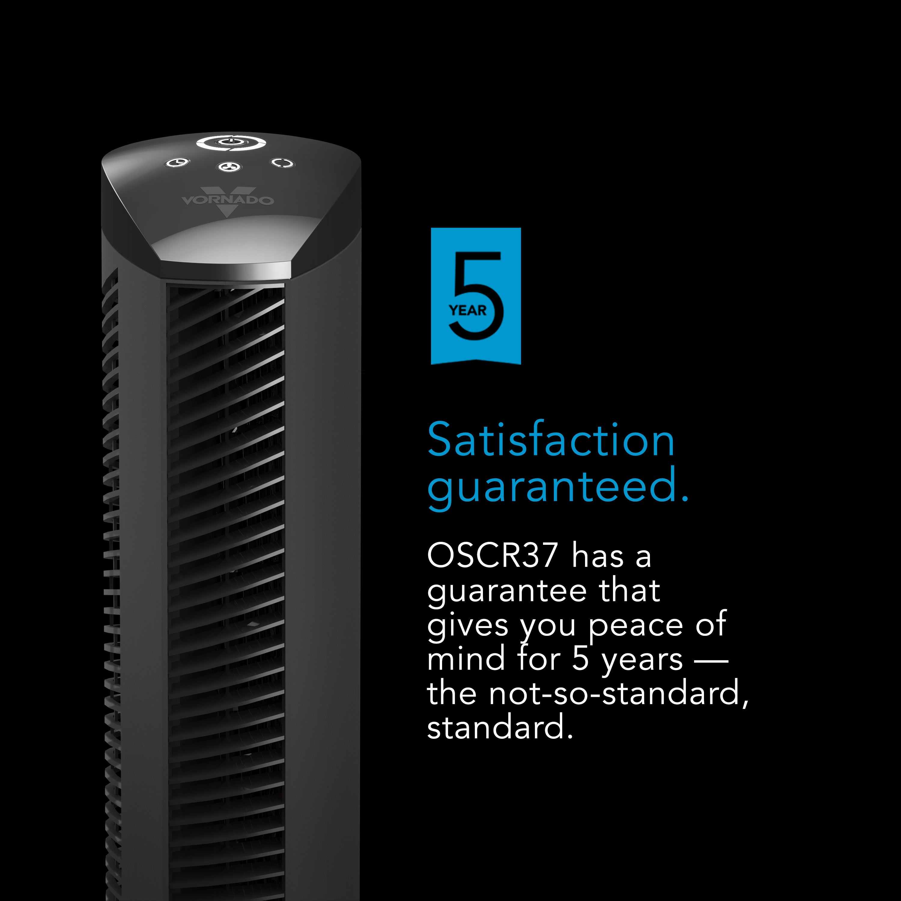 Black tower fan with a 5-year satisfaction guarantee label on a black background
