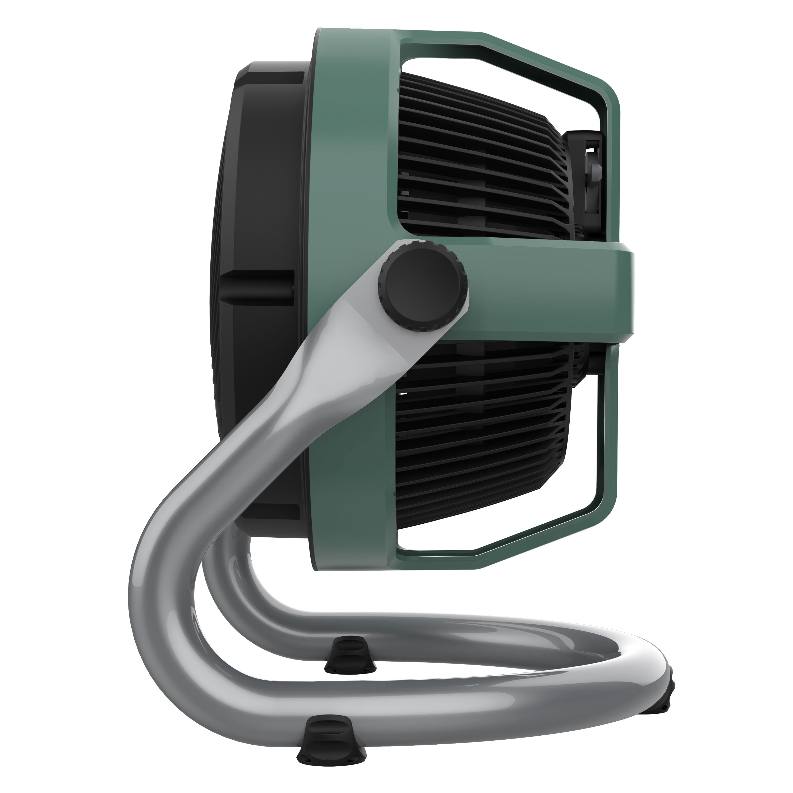 Portable fan with a green and black design on a white background