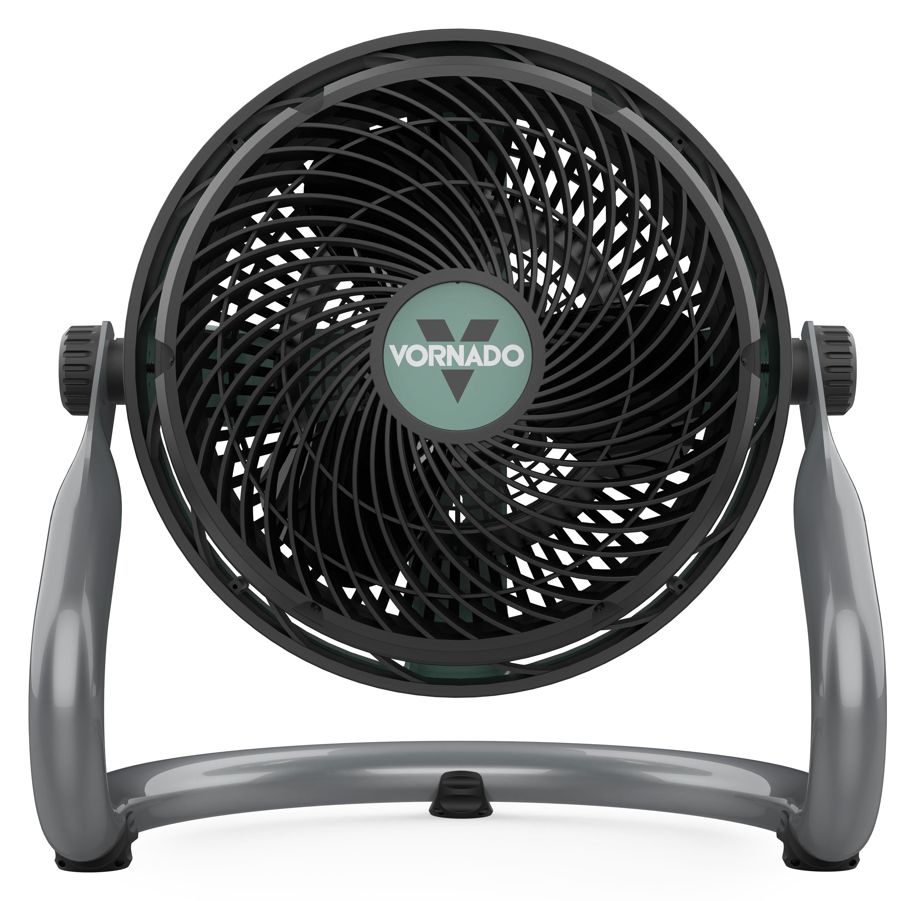 Black and green Vornado fan on a white background