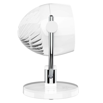 White and chrome table fan on a white background
