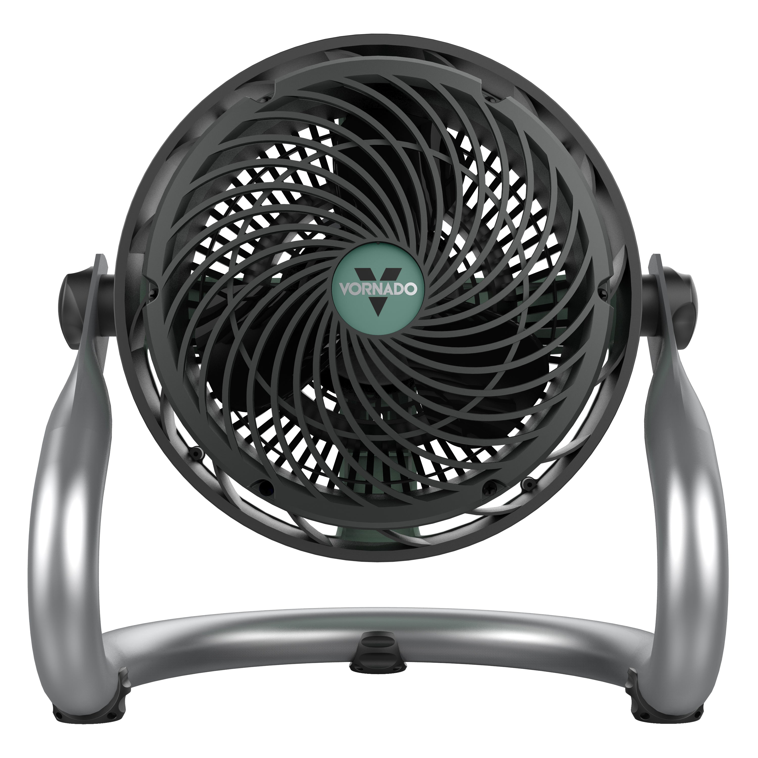 Black and silver Vornado fan on a white background