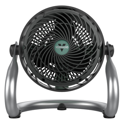 Black and silver Vornado fan on a white background