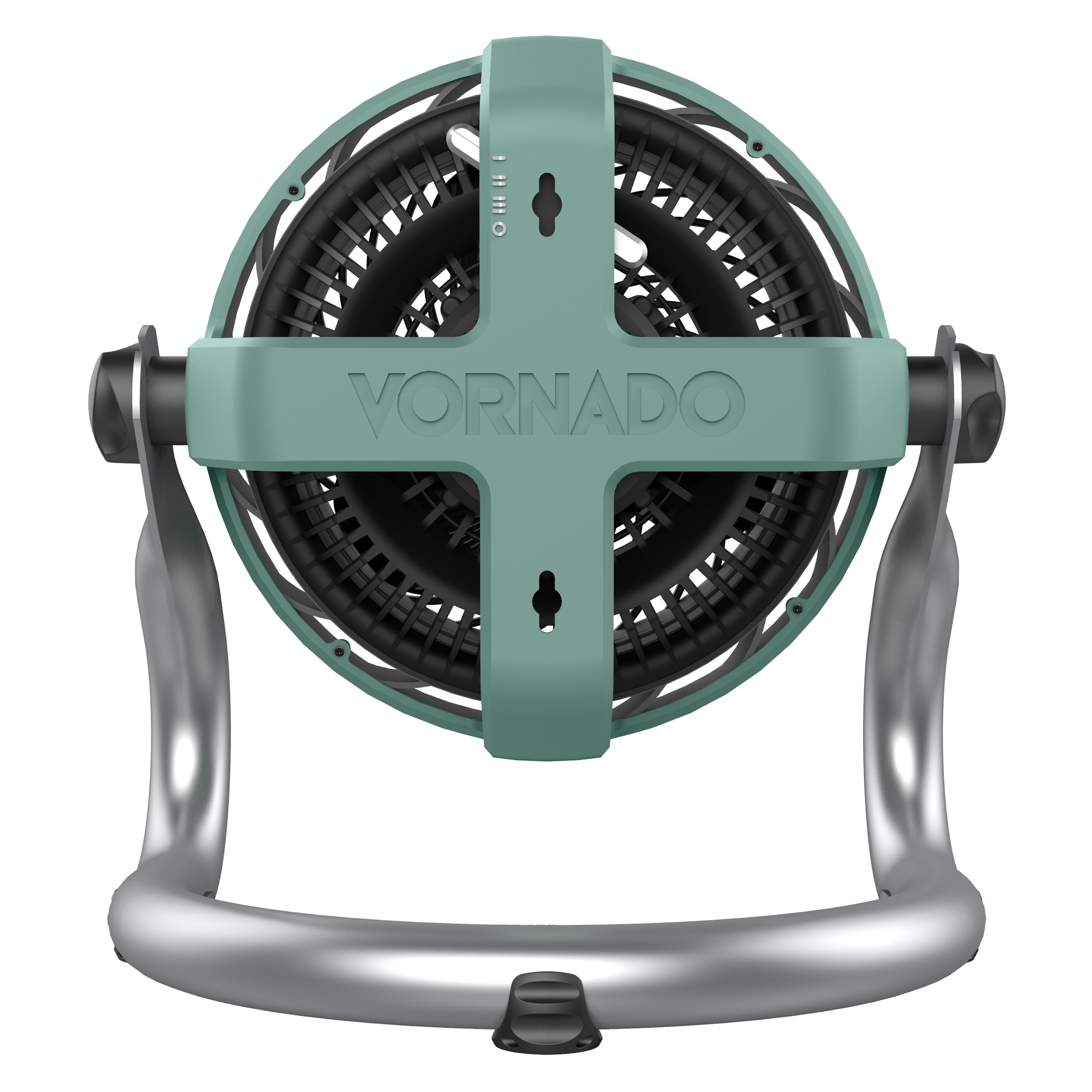 Vornado fan with green and silver design on a white background