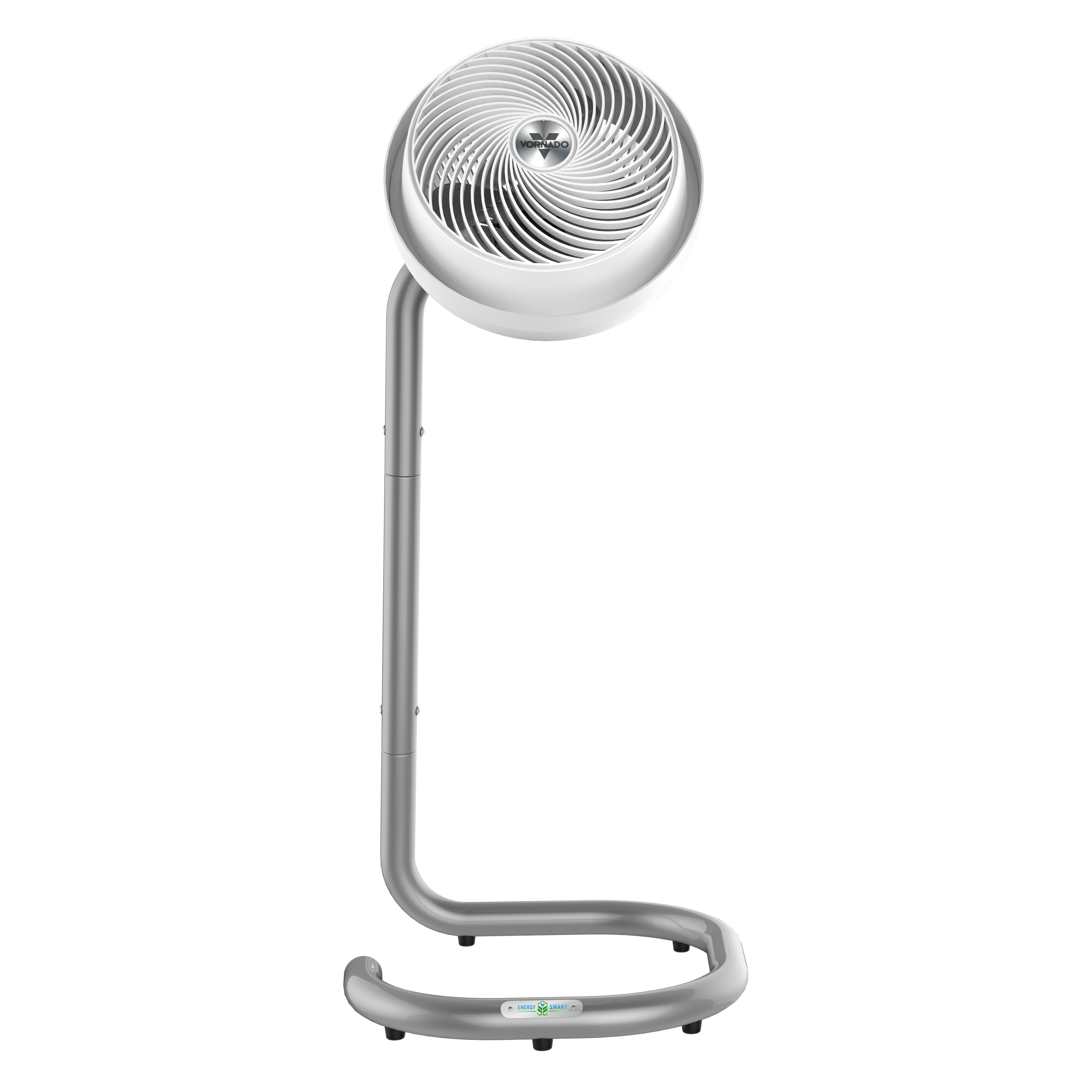 Silver pedestal fan on a white background