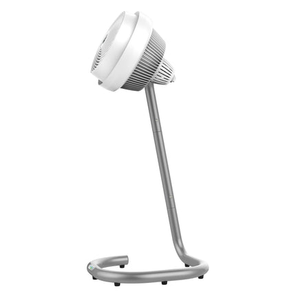 White pedestal fan with a flexible neck on a white background