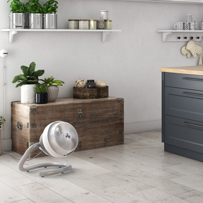 Modern kitchen with a fan, wooden chest, and decorative items.