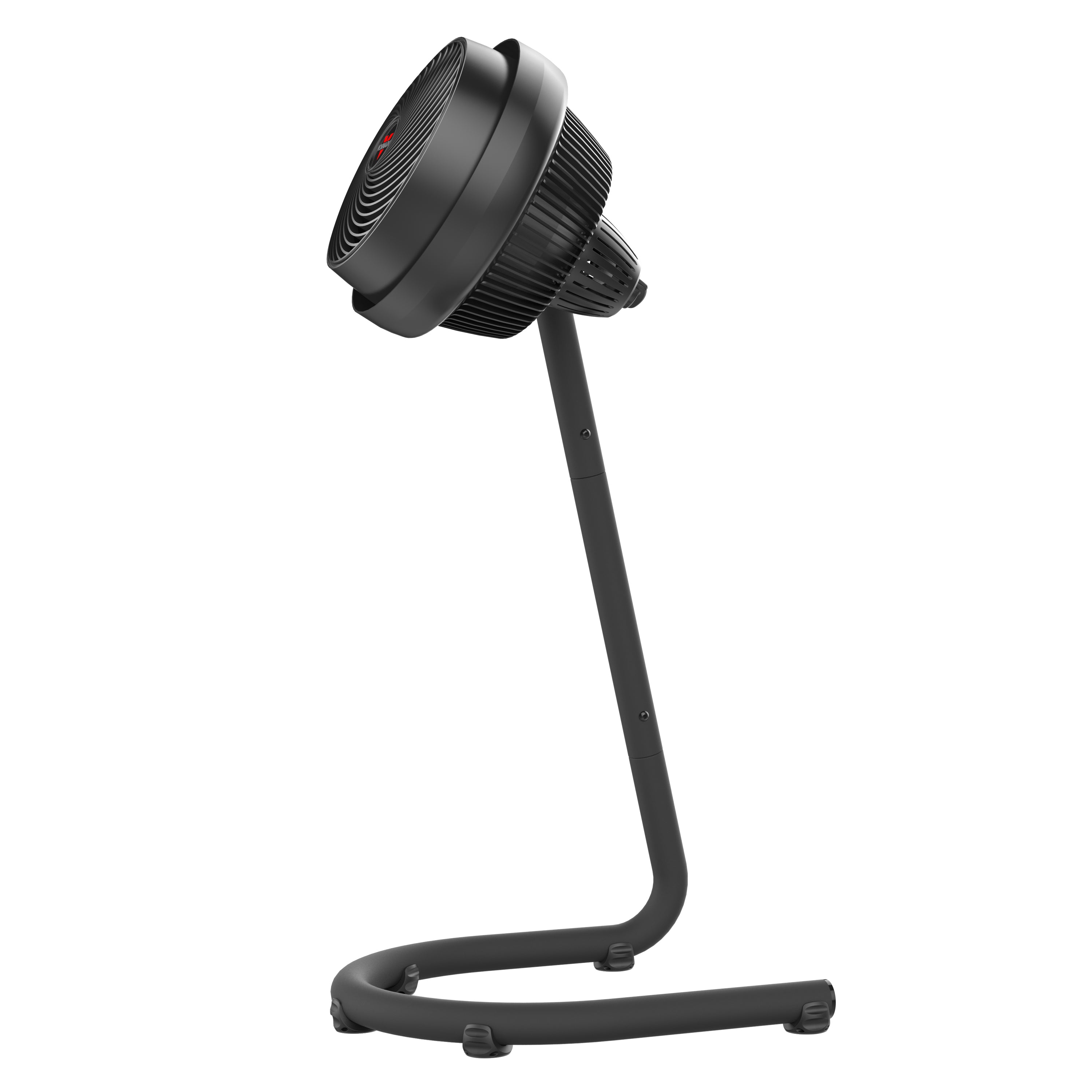 Black adjustable fan with a circular base on a white background