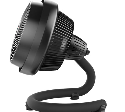 Black portable fan with a flexible hose on a white background