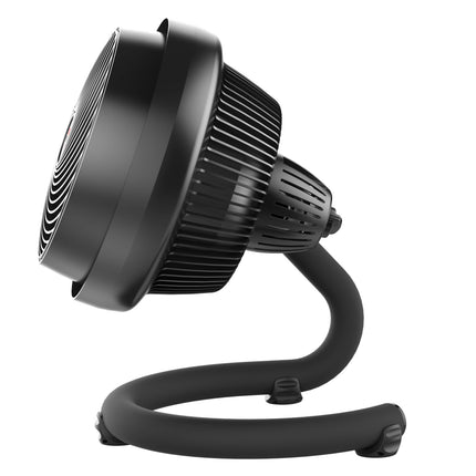 Black portable fan with a flexible hose on a white background