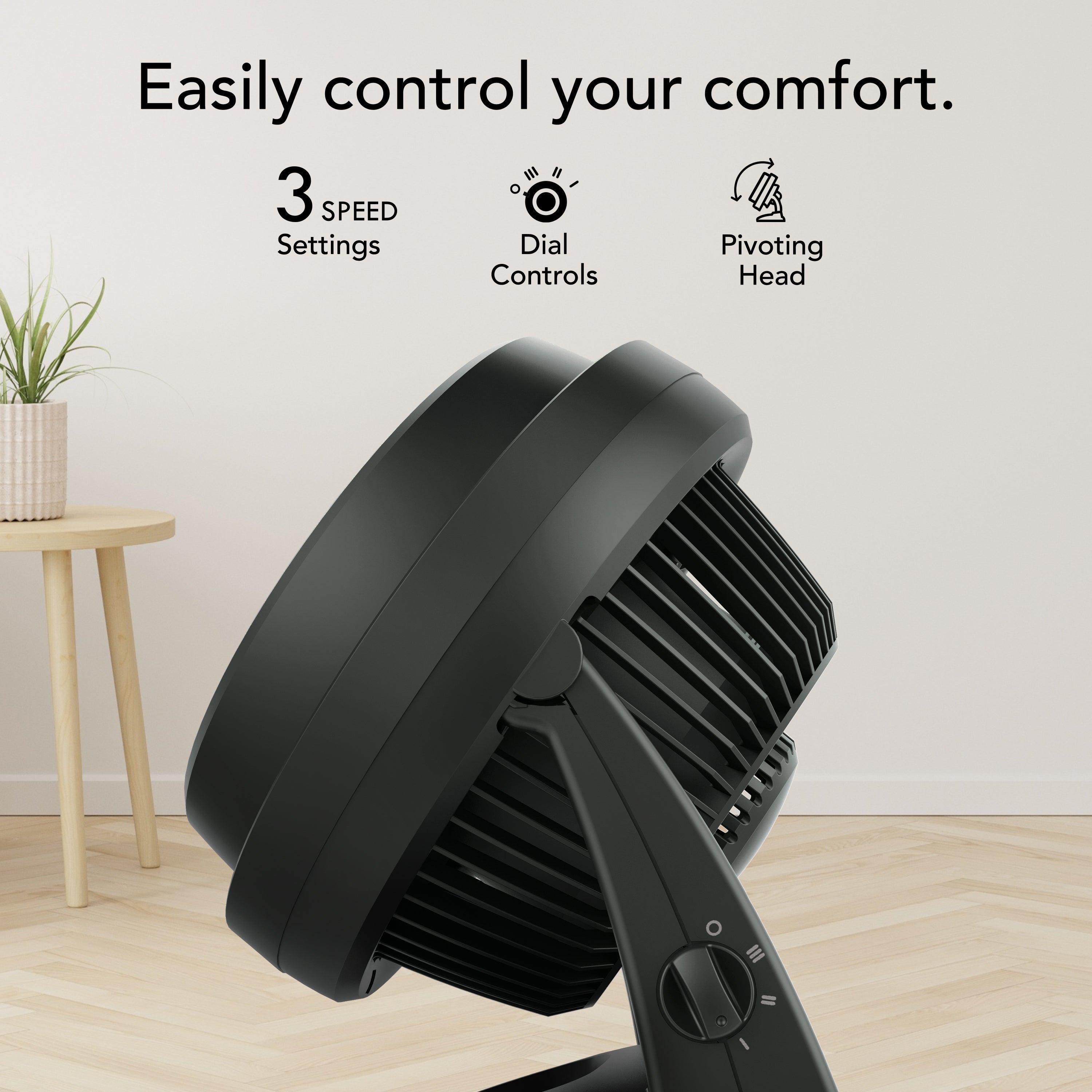 Black fan in a room setting, featuring text on comfort control.