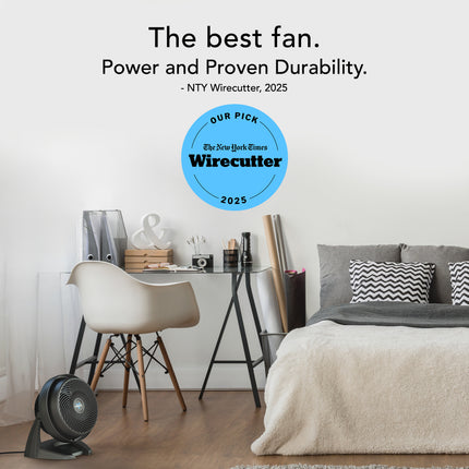 Modern bedroom with a fan, desk, and bed, featuring Wirecutter's 2025 award.