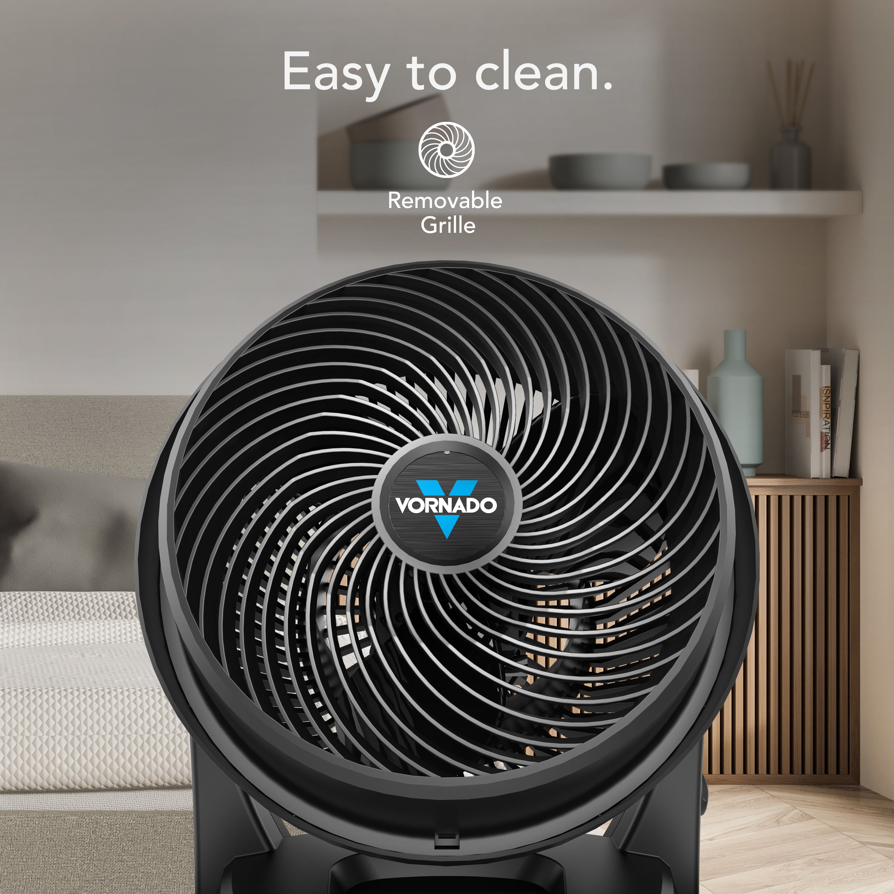 Vornado fan with removable grille in a room setting, emphasizing ease of cleaning.
