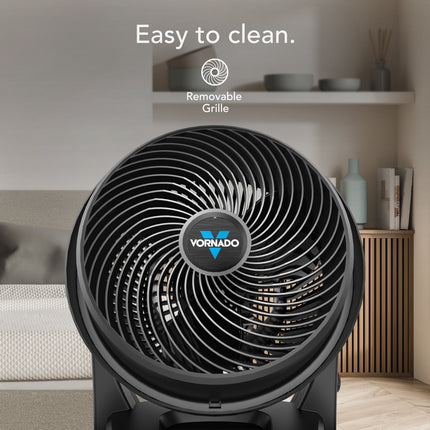 Vornado fan with removable grille in a room setting, emphasizing ease of cleaning.