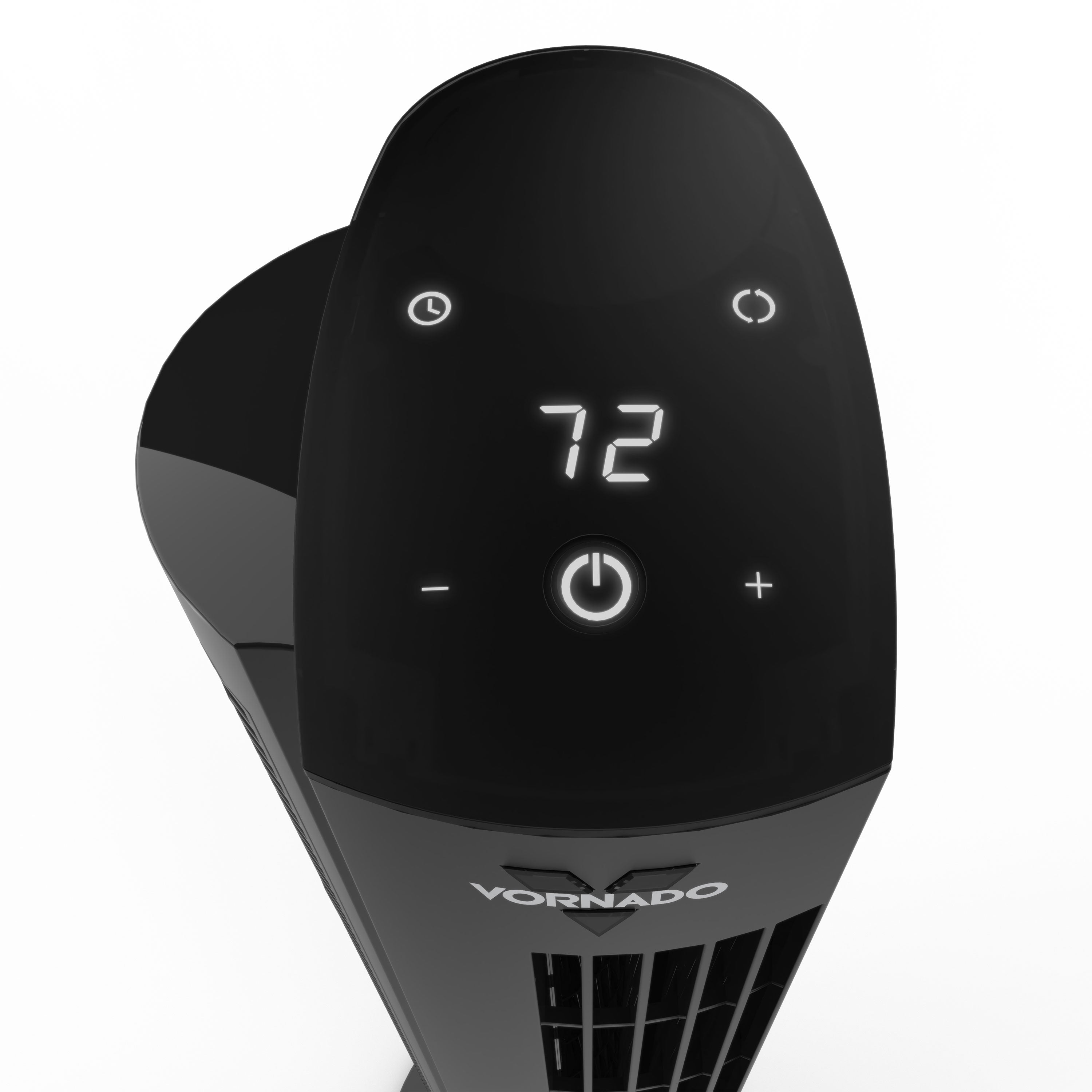 Black Vornado fan with digital display and control buttons on a white background
