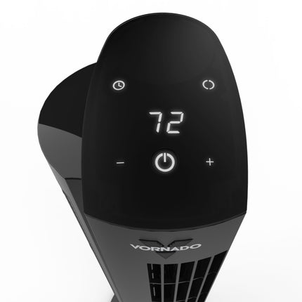 Black Vornado fan with digital display and control buttons on a white background