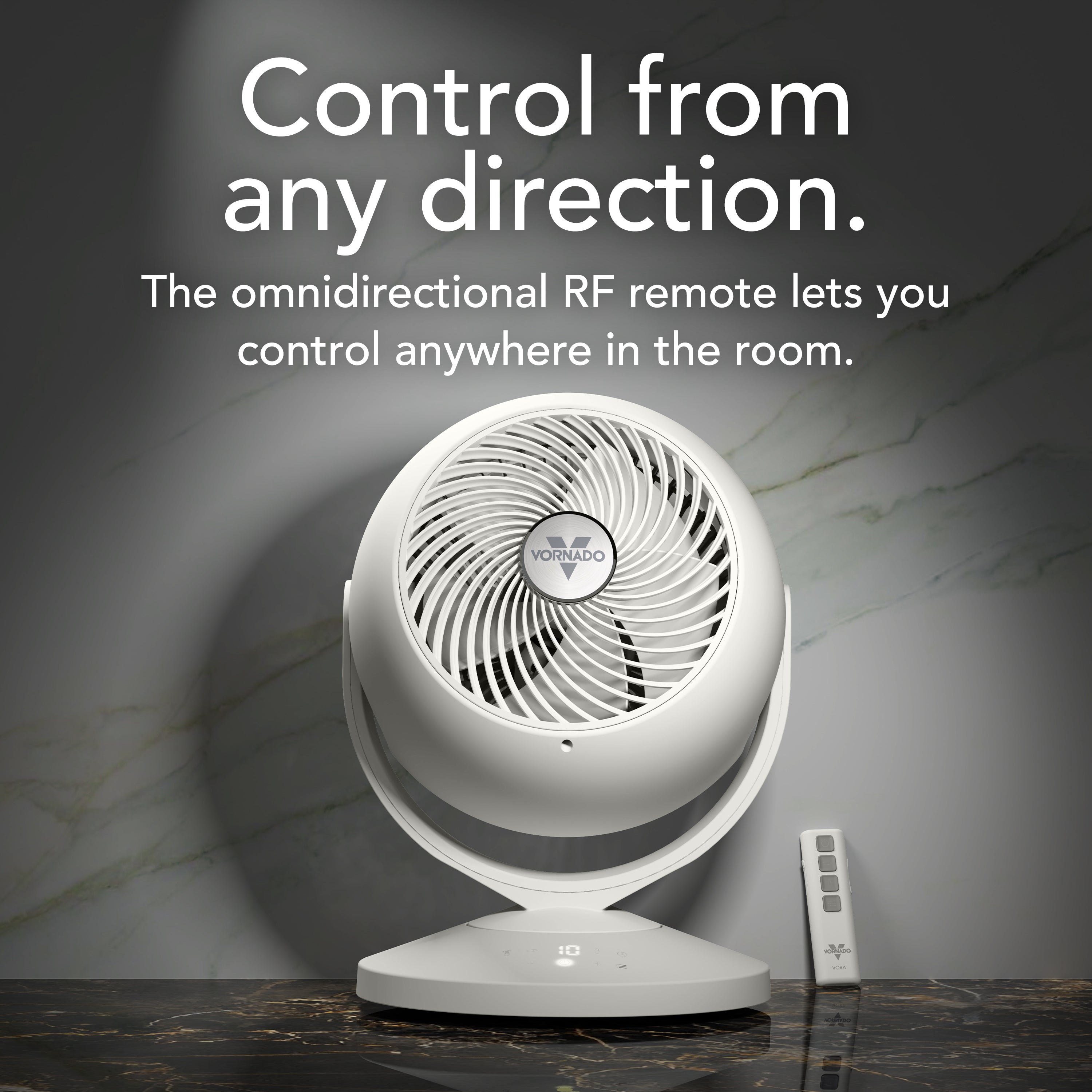 White fan with remote control on a dark surface, featuring text about omnidirectional RF remote control.