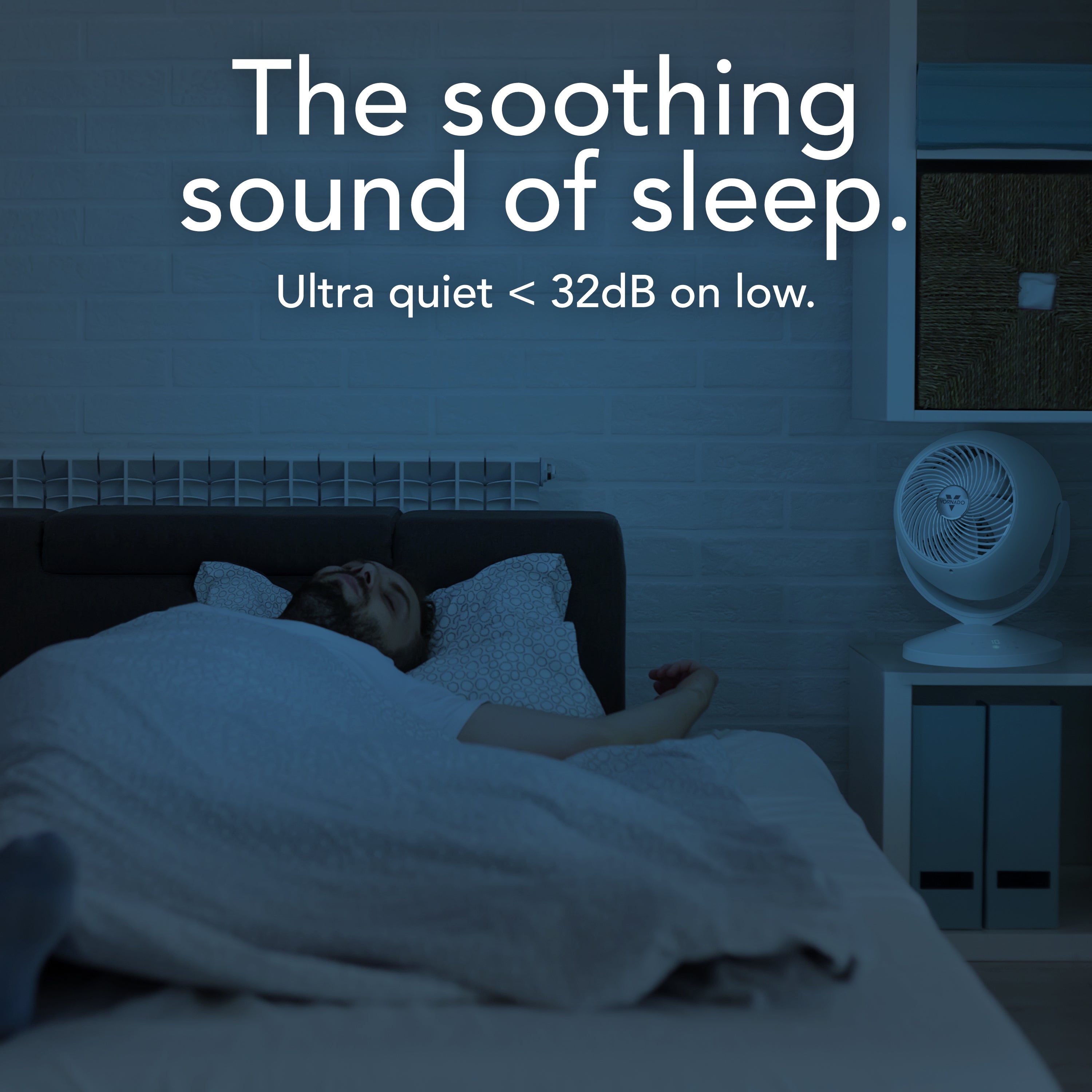 Person sleeping in bed with text about ultra quiet air conditioner
