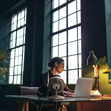 Person working on a laptop at a desk with large windows in the background