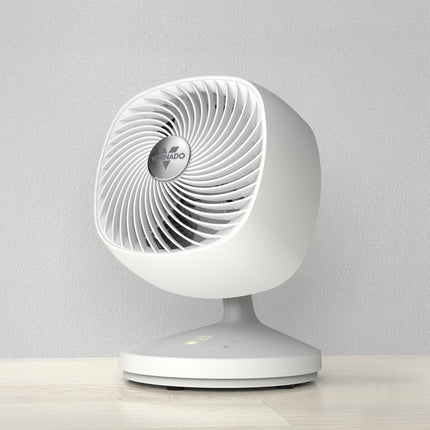 White desk fan on a light gray background