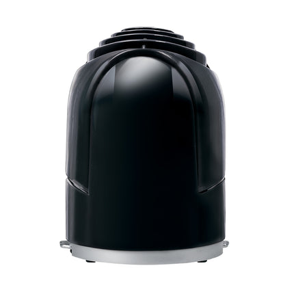 Black cylindrical object with a metallic base on a white background
