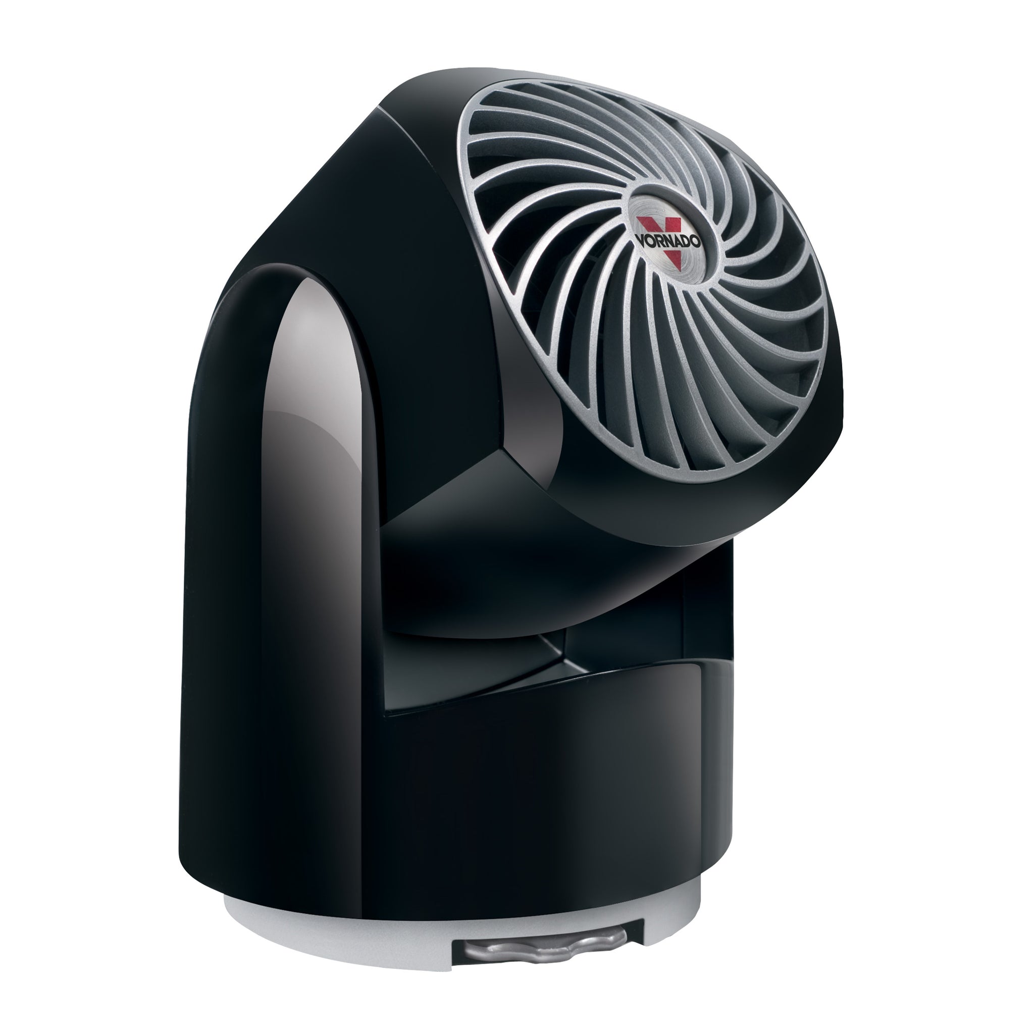 Black portable fan with visible brand logo on a white background