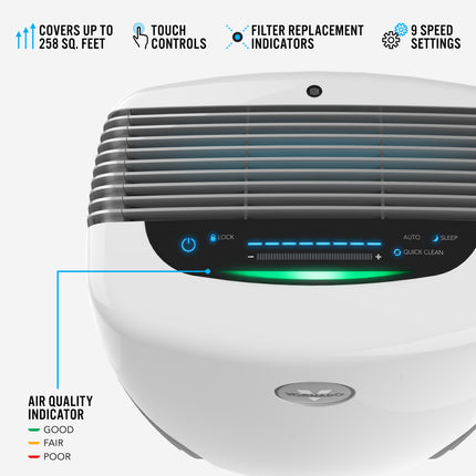 Air purifier with features highlighted on a white background