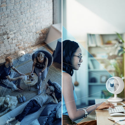 Two scenes: a living room with people socializing and a person working at a desk with a fan.
