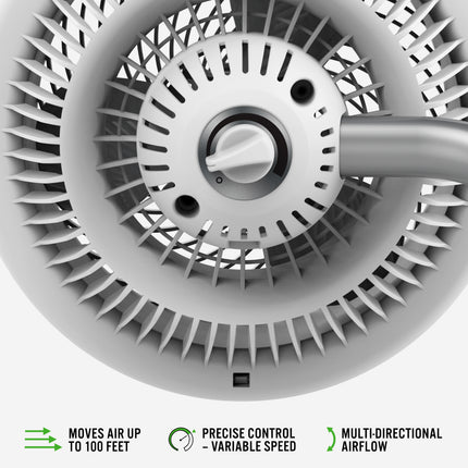 Close-up of a ceiling fan motor with labeled features on a white background