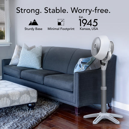 Floor fan next to a gray sofa in a living room with text about product features and establishment year.