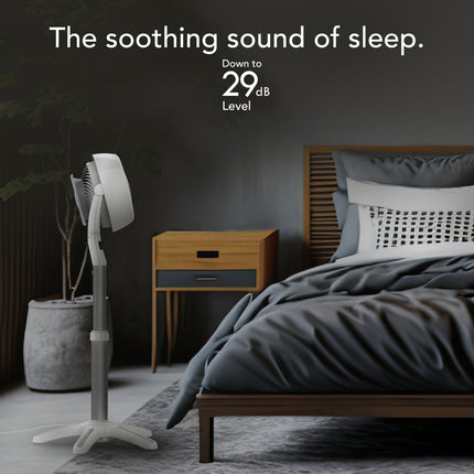 Stand-up fan in a bedroom setting with text indicating noise level