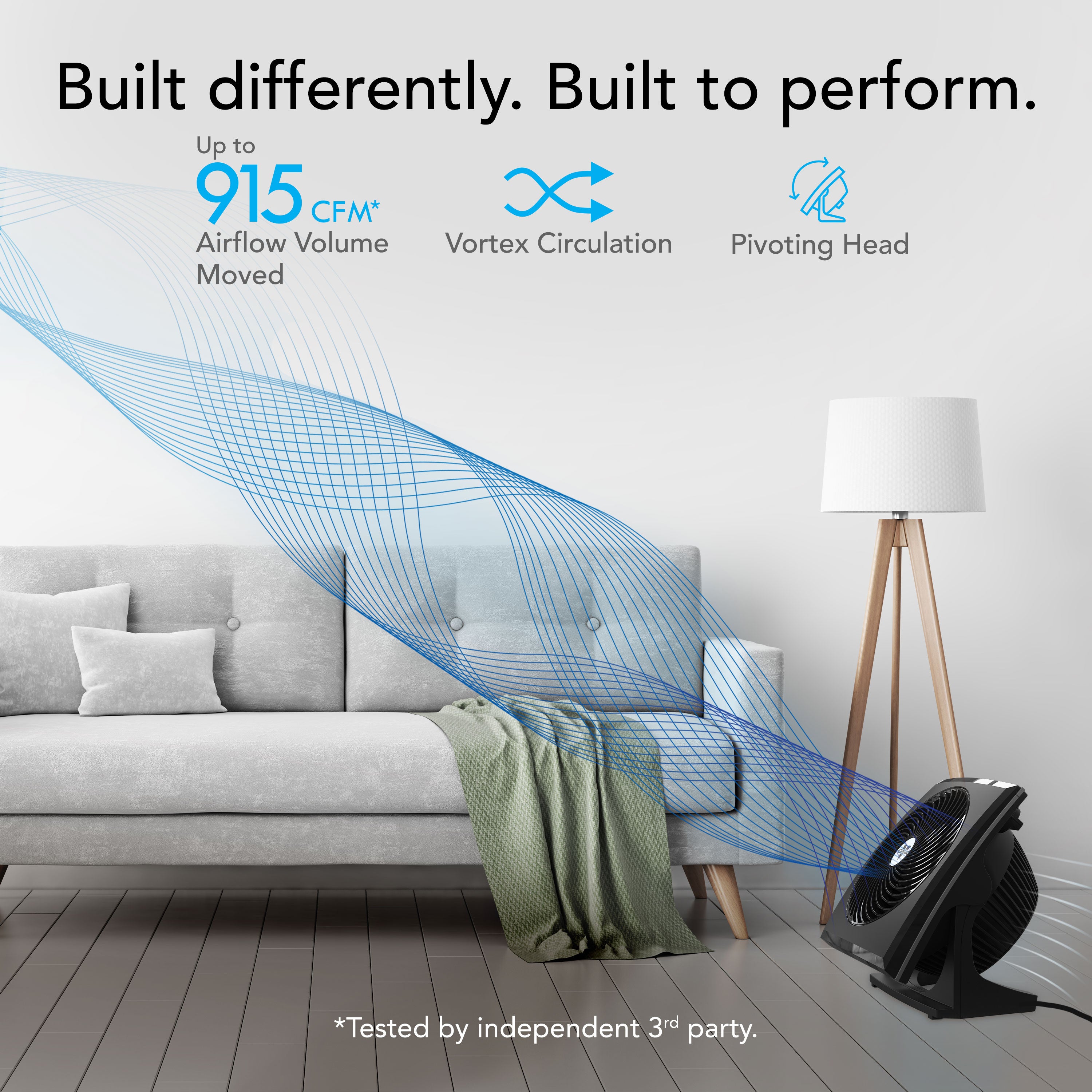 Fan in a living room with airflow visualization and product features highlighted.