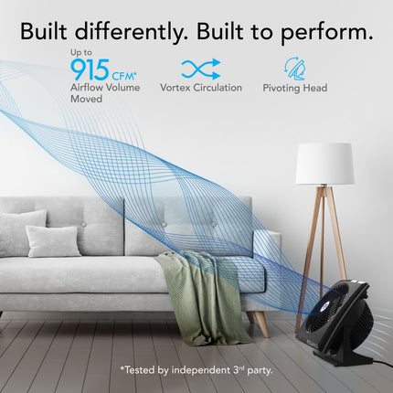 Fan in a living room with airflow visualization and product features highlighted.