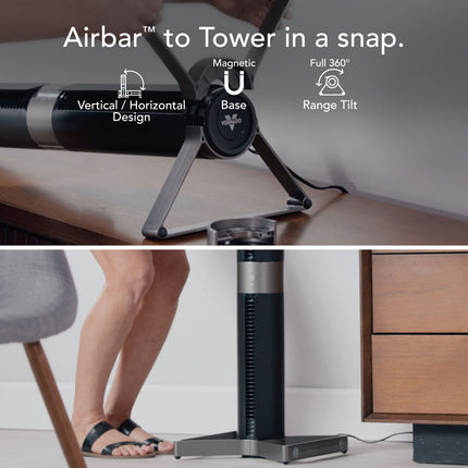Airbar transforming into a tower with features highlighted on a white background.