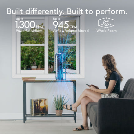 Woman sitting on a couch in a living room with a window and air movement graphic, featuring text about airflow performance.