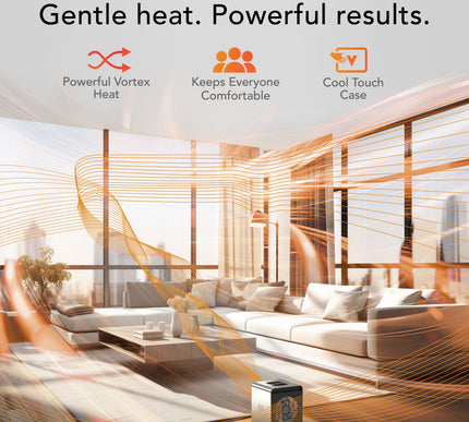 Modern living room with a heating device, featuring text about heat and comfort.