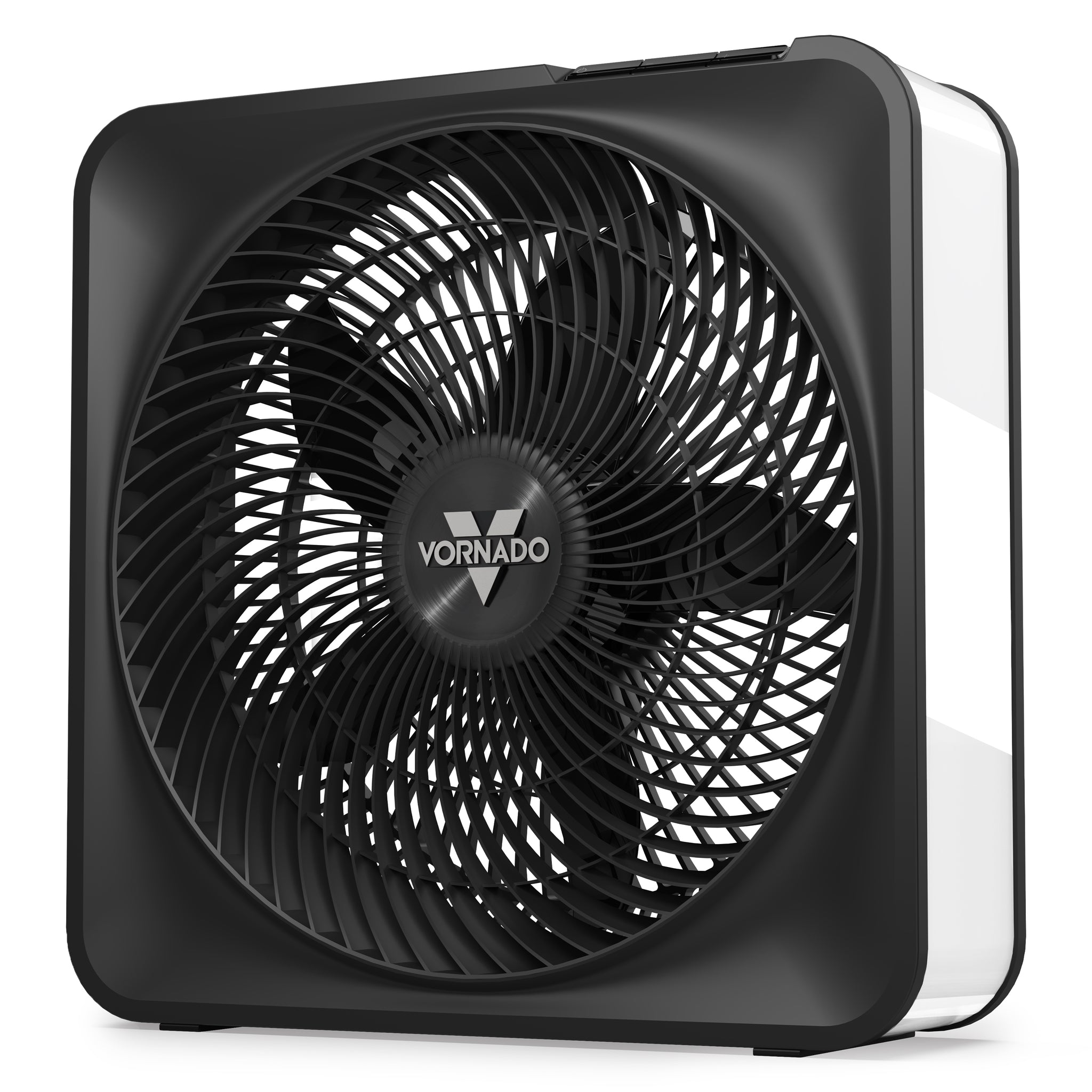 Black and white box fan on a white background