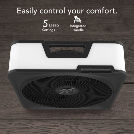 Portable box fan with text on a wooden background