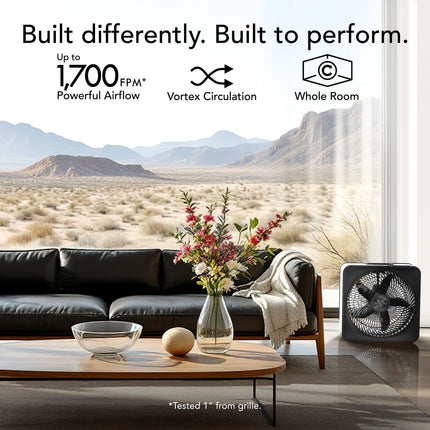 Picture of the scenic view of the desert from living room with the text built differently. Built to perform.